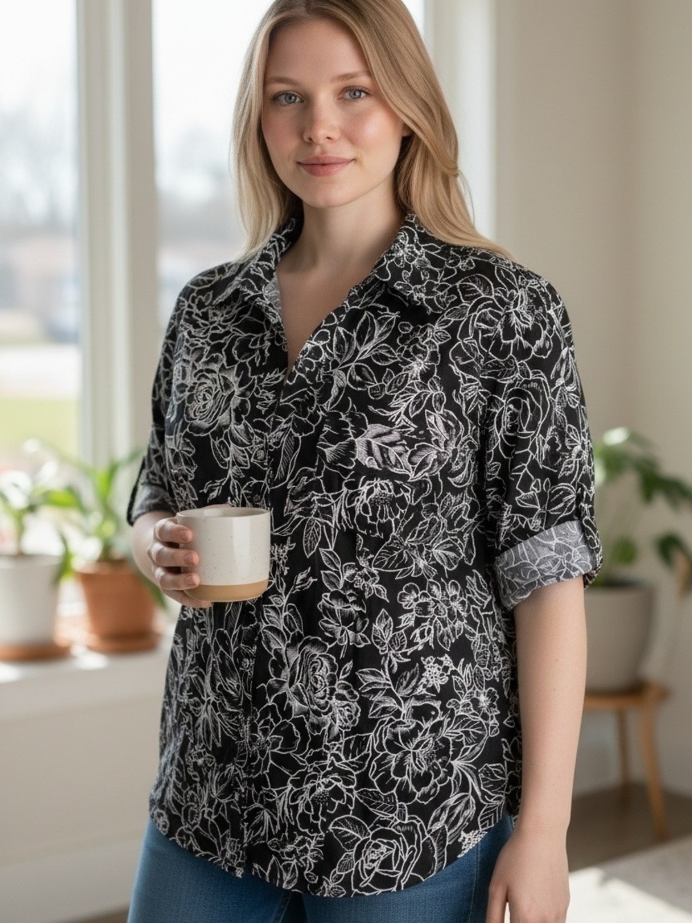 Karen Scott Black and White Floral Blouse